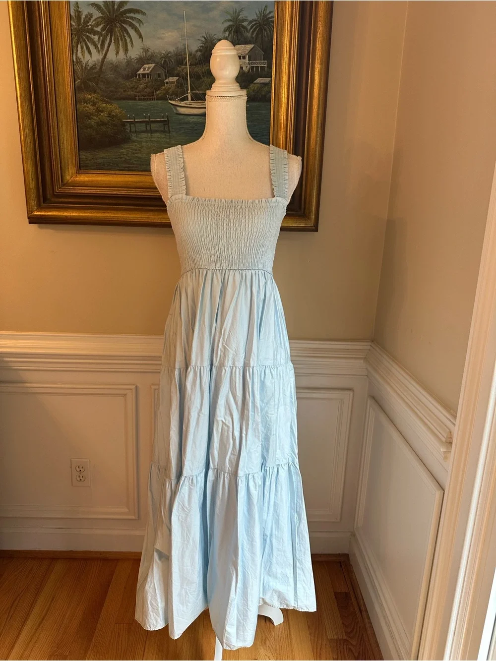 ZARA Light Blue Smocked Tiered Midi Maxi Dress